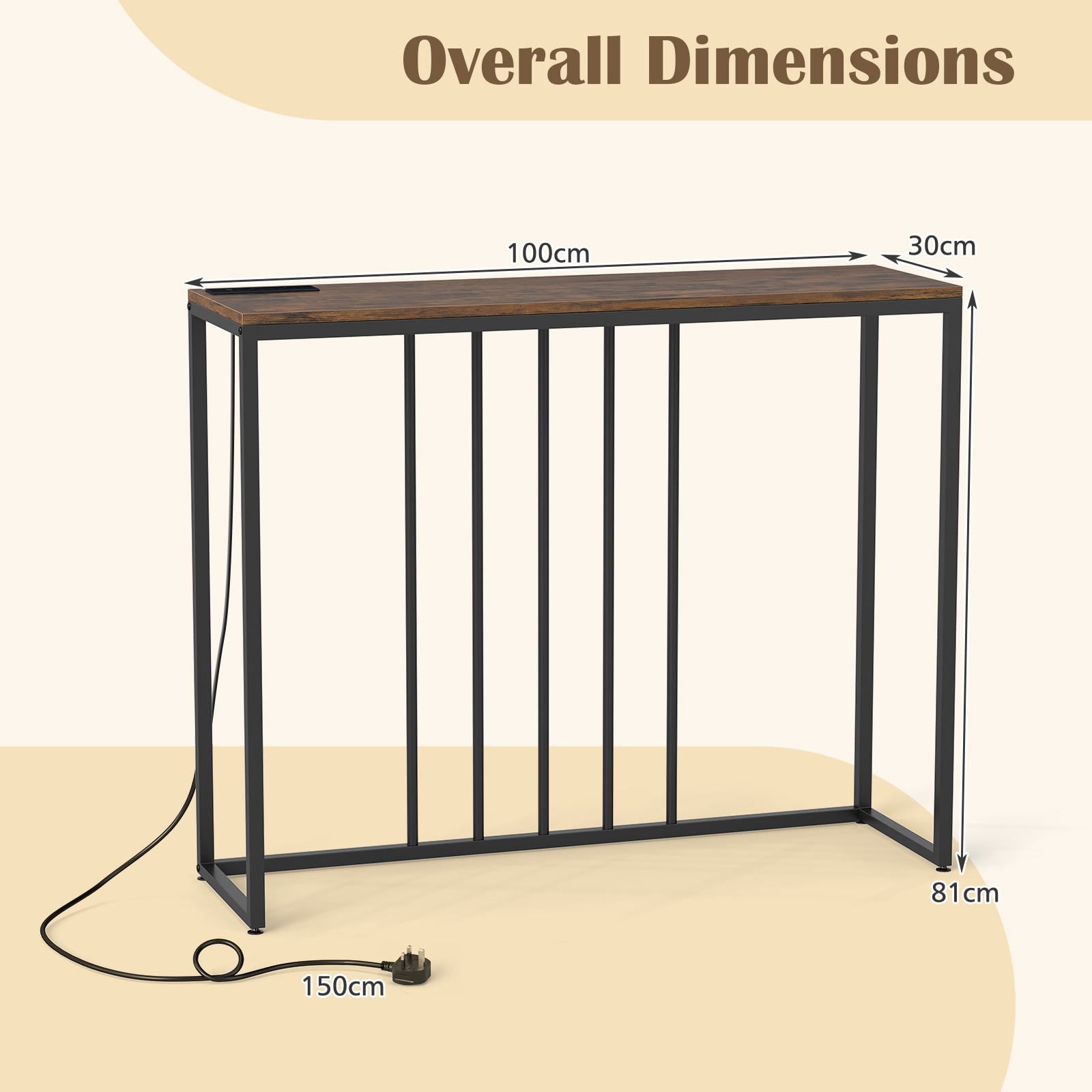 Console Table with Charging Station and Power Outlets for Hallway-Rustic Brown