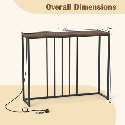 Console Table with Charging Station and Power Outlets for Hallway-Rustic Brown
