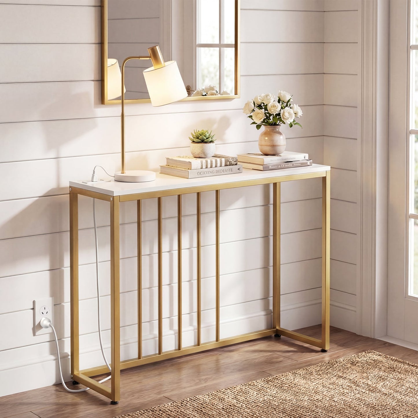 Console Table with Charging Station and Power Outlets for Hallway-White
