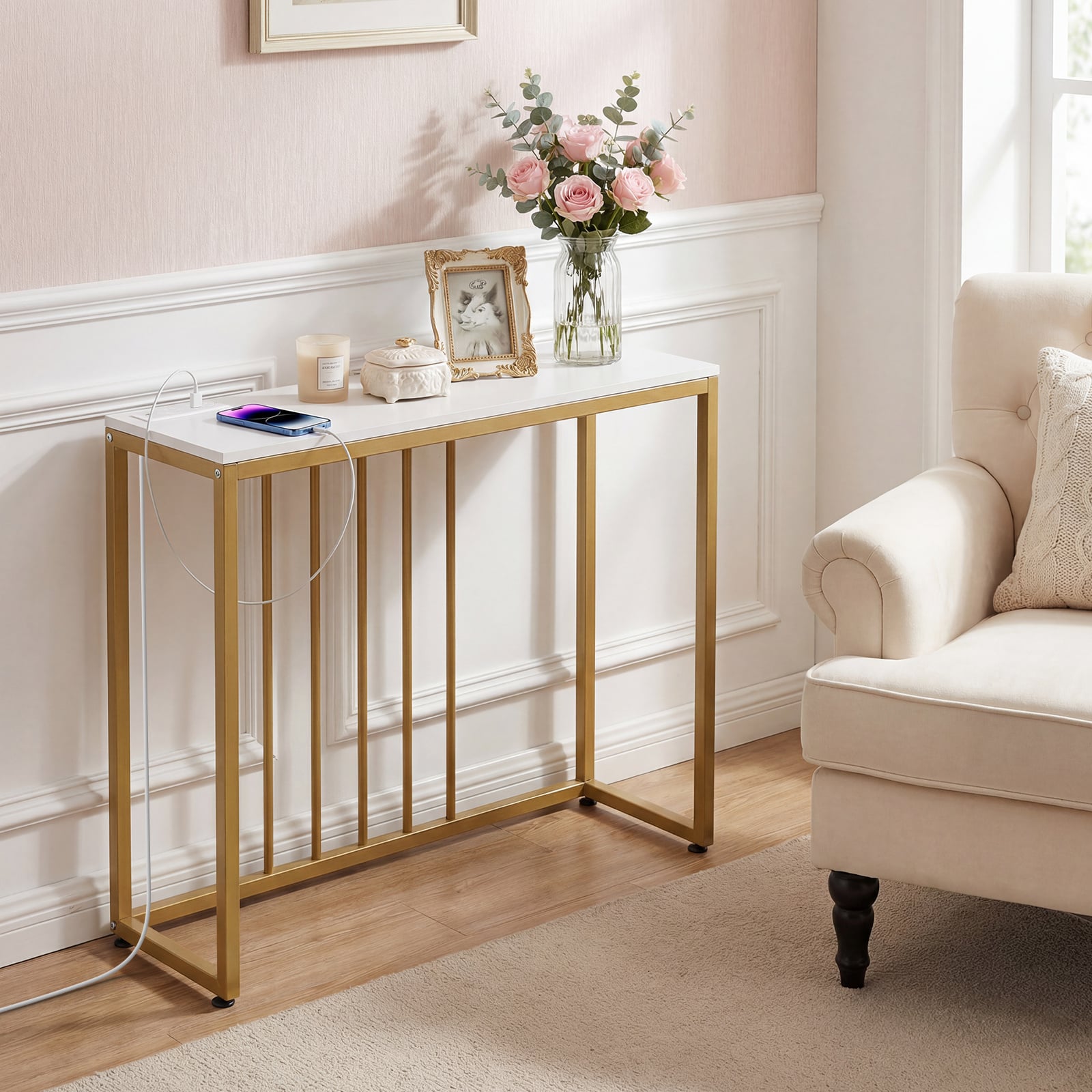 Console Table with Charging Station and Power Outlets for Hallway-White