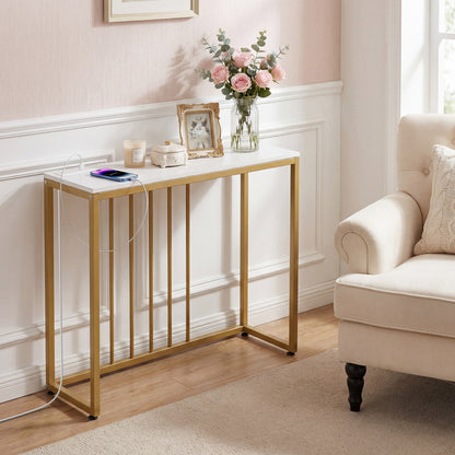 Console Table with Charging Station and Power Outlets for Hallway-White