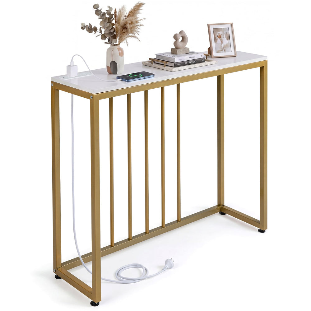 Console Table with Charging Station and Power Outlets for Hallway-White