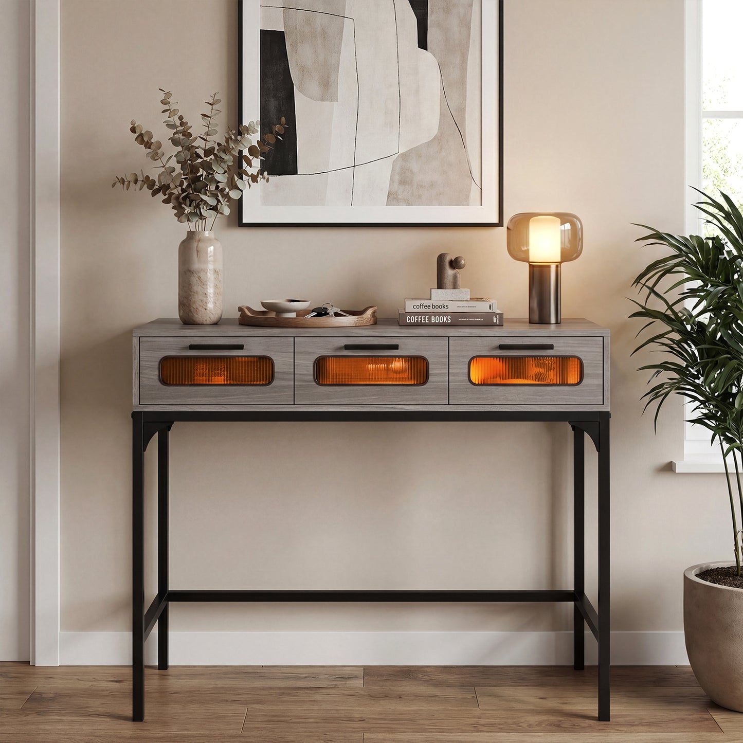 Console Table with Charging Station with Drawers and LED Lights-Grey