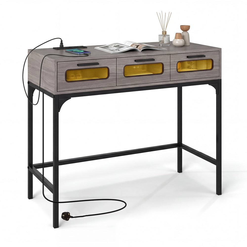 Console Table with Charging Station with Drawers and LED Lights-Grey