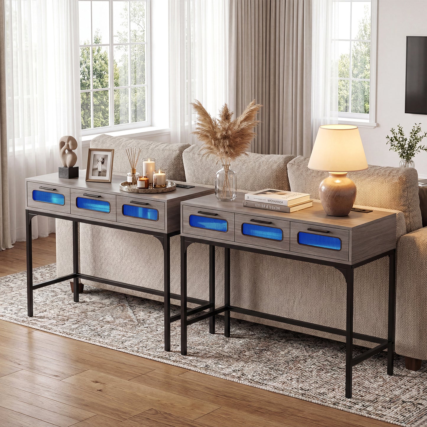 Console Table with Charging Station with Drawers and LED Lights-Grey