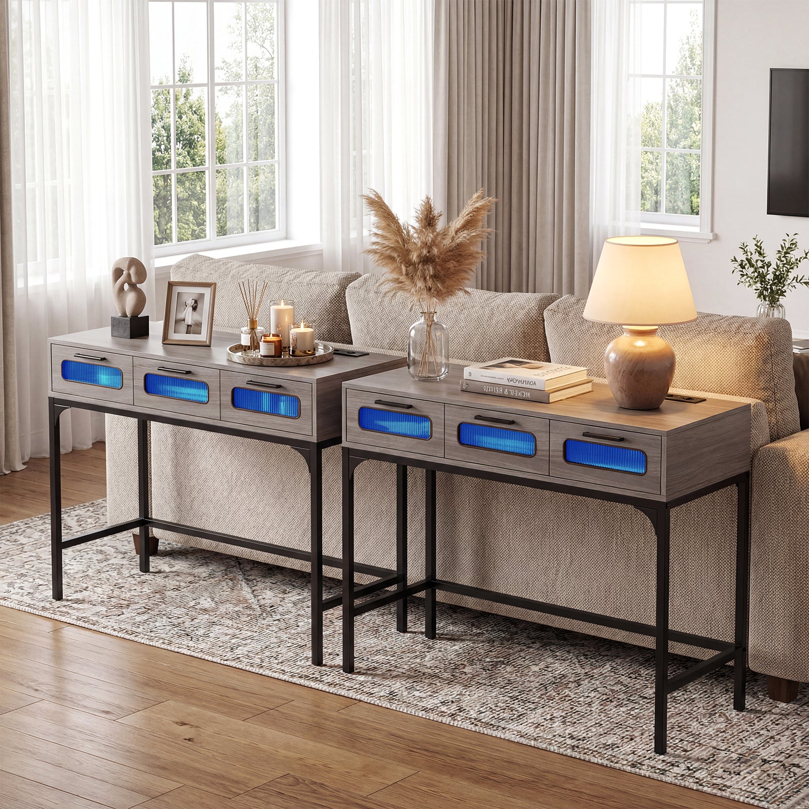 Console Table with Charging Station with Drawers and LED Lights-Grey