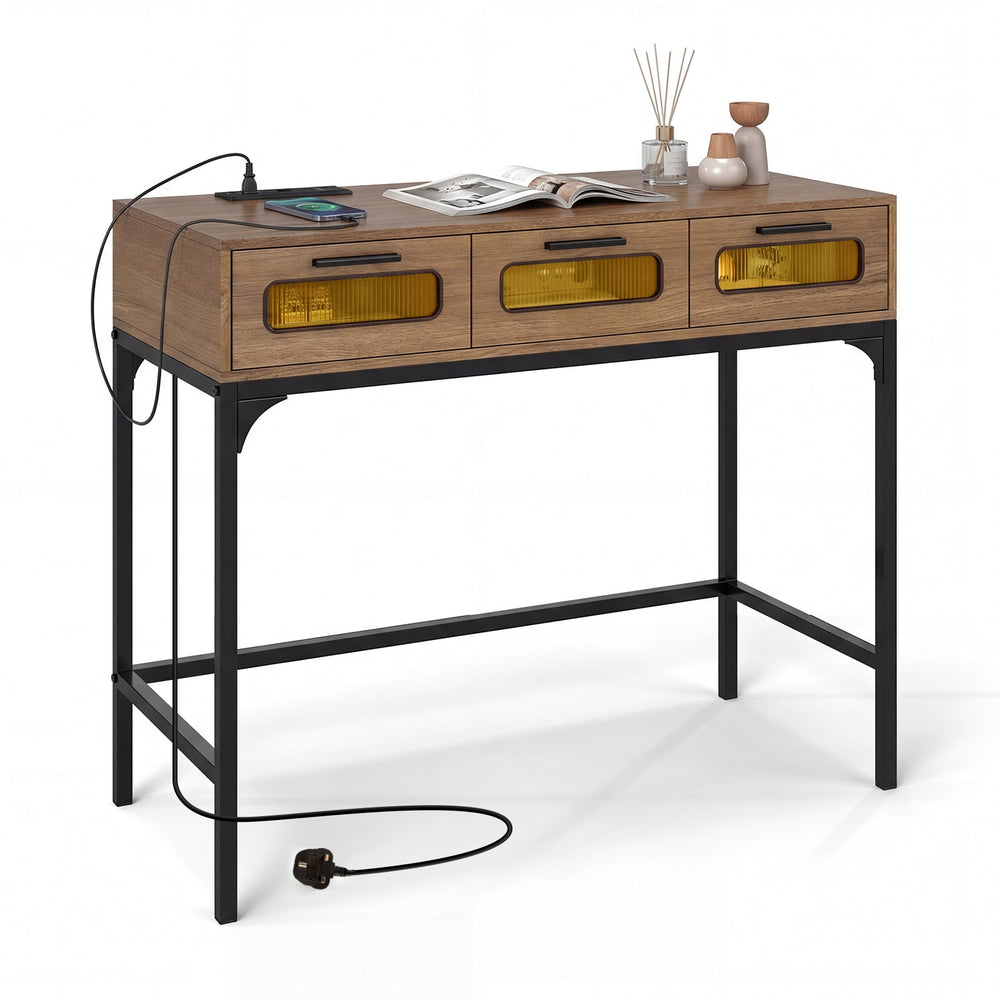 Console Table with Charging Station with Drawers and LED Lights-Natural