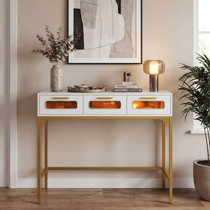 Console Table with Charging Station with Drawers and LED Lights-White