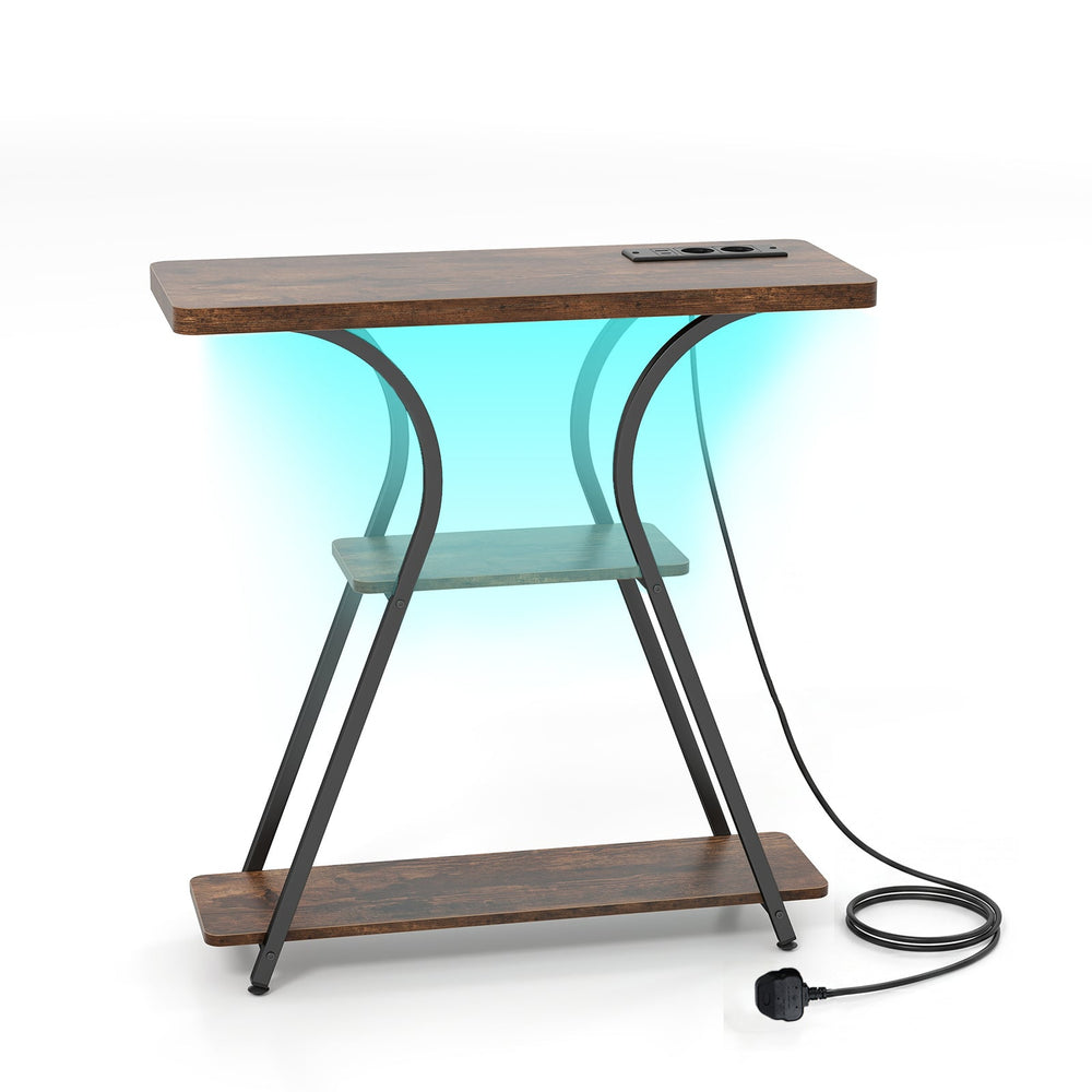 Console Table with LED Lights Power Outlets and Storage Shelves for Entryway-Rustic Brown
