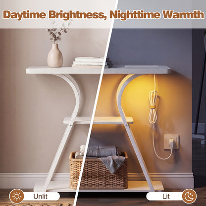 Console Table with LED Lights Power Outlets and Storage Shelves for Entryway-White
