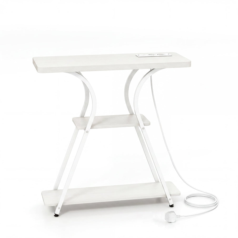 Console Table with LED Lights Power Outlets and Storage Shelves for Entryway-White
