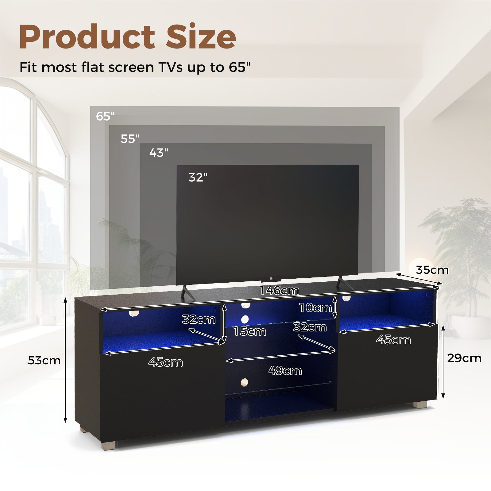 Console TV Stand for TVs up to 65 Inches with LED Lights and 2 Doors-Black