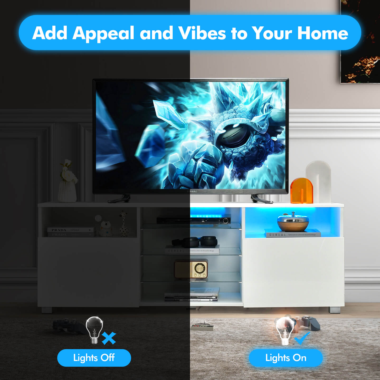Console TV Stand for TVs up to 65" with LED Lights and 2 Doors-White