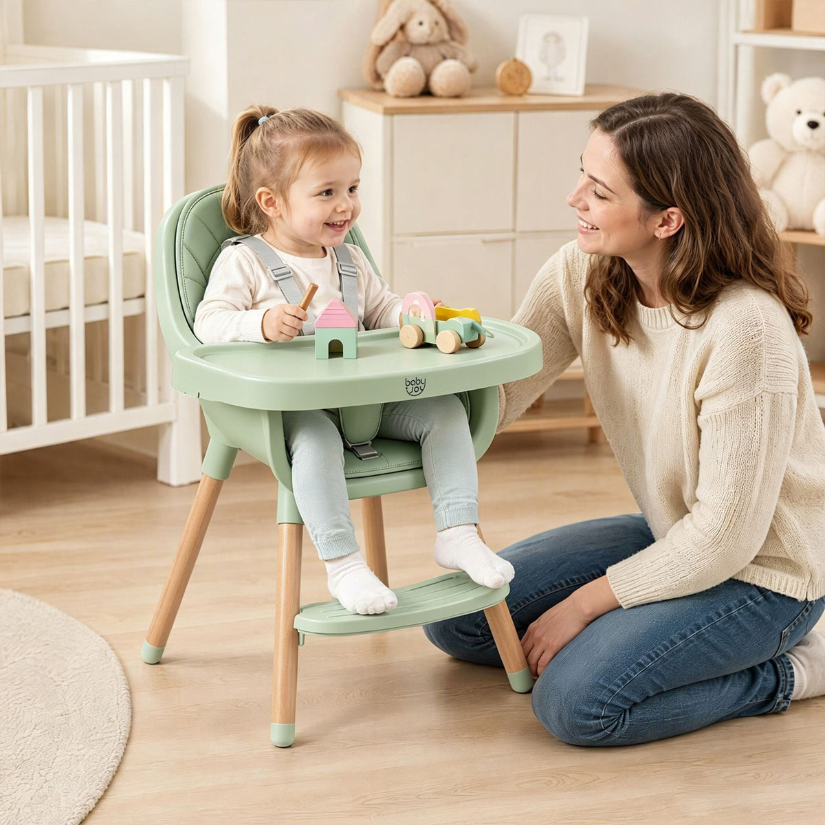 Convertible High Chair for Babies and Toddlers 5-Point Harness Dishwasher Safe Frame-Green