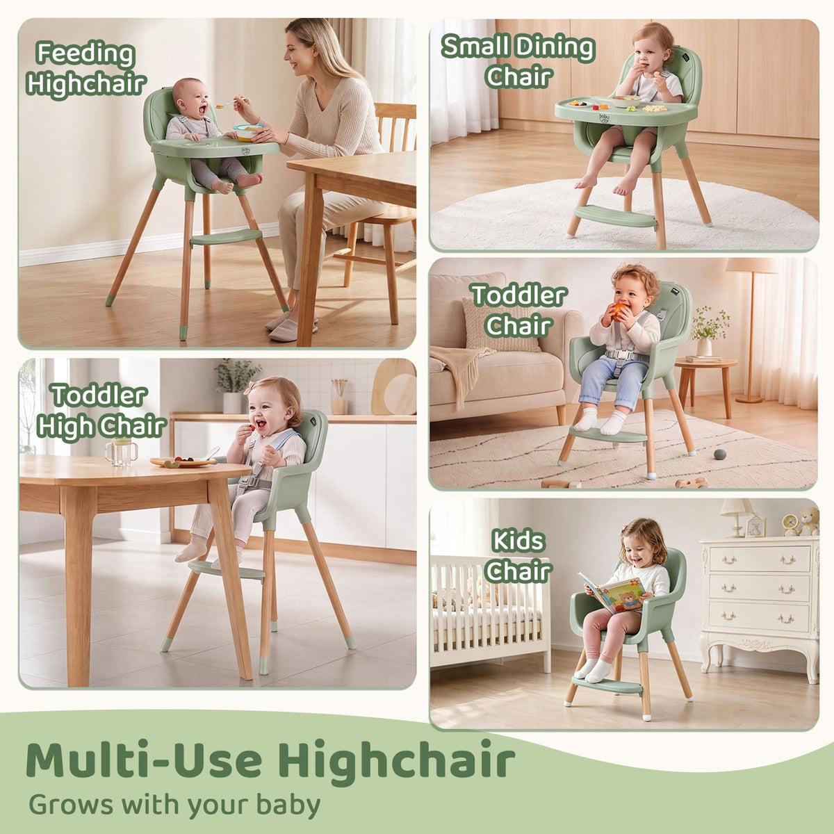 Convertible High Chair for Babies and Toddlers 5-Point Harness Dishwasher Safe Frame-Green