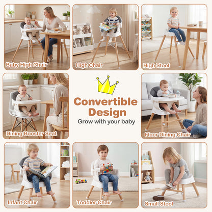 Convertible High Chair for Babies and Toddlers with Adjustable Tray-Grey
