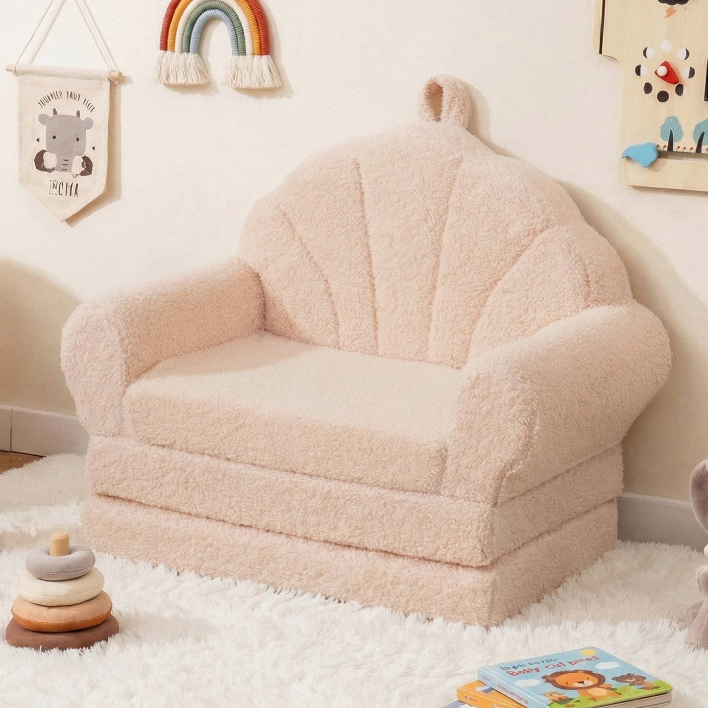 Convertible Kids Sofa 2-in-1 Fold out Toddler Couch Chair to Lounger Bed-Beige