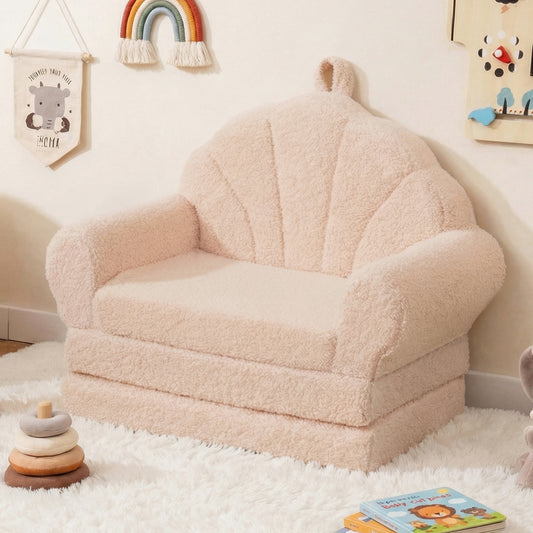 Convertible Kids Sofa 2-in-1 Fold out Toddler Couch Chair to Lounger Bed-Beige