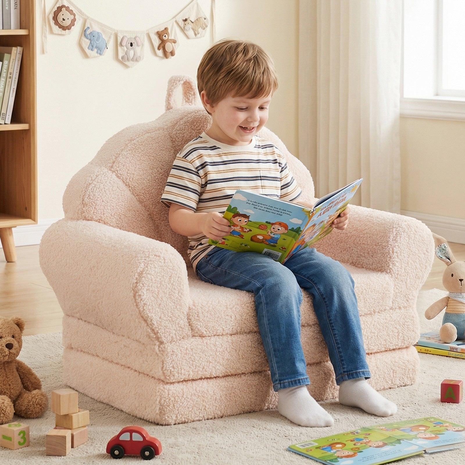 Convertible Kids Sofa 2-in-1 Fold out Toddler Couch Chair to Lounger Bed-Beige