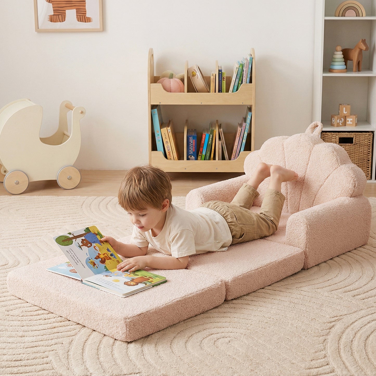 Convertible Kids Sofa 2-in-1 Fold out Toddler Couch Chair to Lounger Bed-Beige