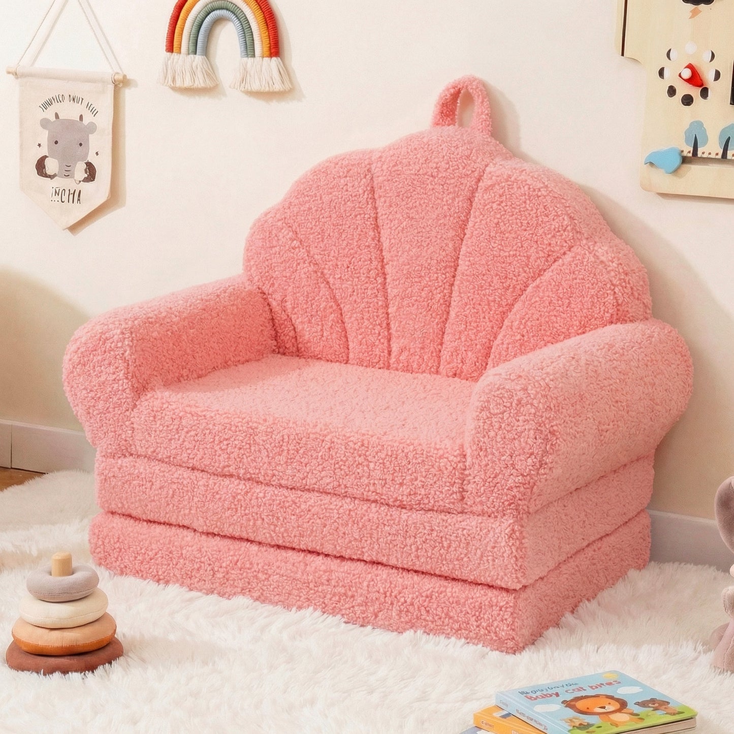 Convertible Kids Sofa 2-in-1 Fold out Toddler Couch Chair to Lounger Bed-Pink
