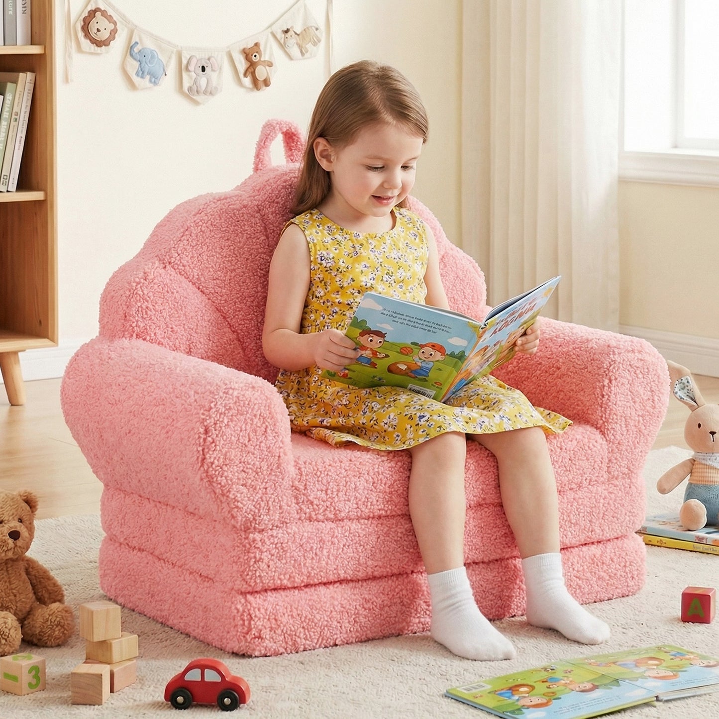 Convertible Kids Sofa 2-in-1 Fold out Toddler Couch Chair to Lounger Bed-Pink