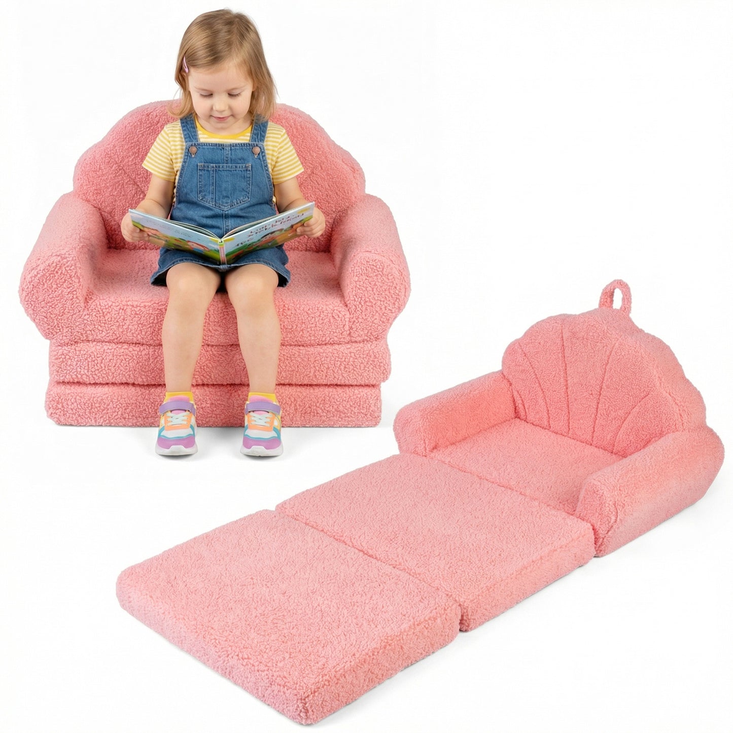 Convertible Kids Sofa 2-in-1 Fold out Toddler Couch Chair to Lounger Bed-Pink