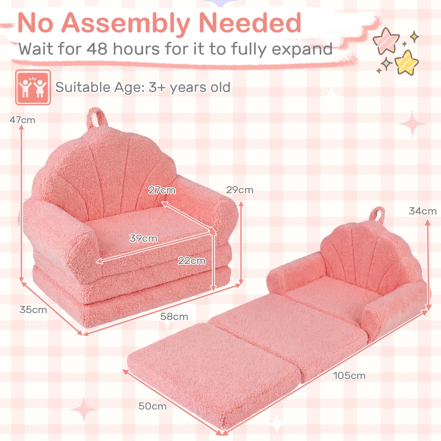 Convertible Kids Sofa 2-in-1 Fold out Toddler Couch Chair to Lounger Bed-Pink