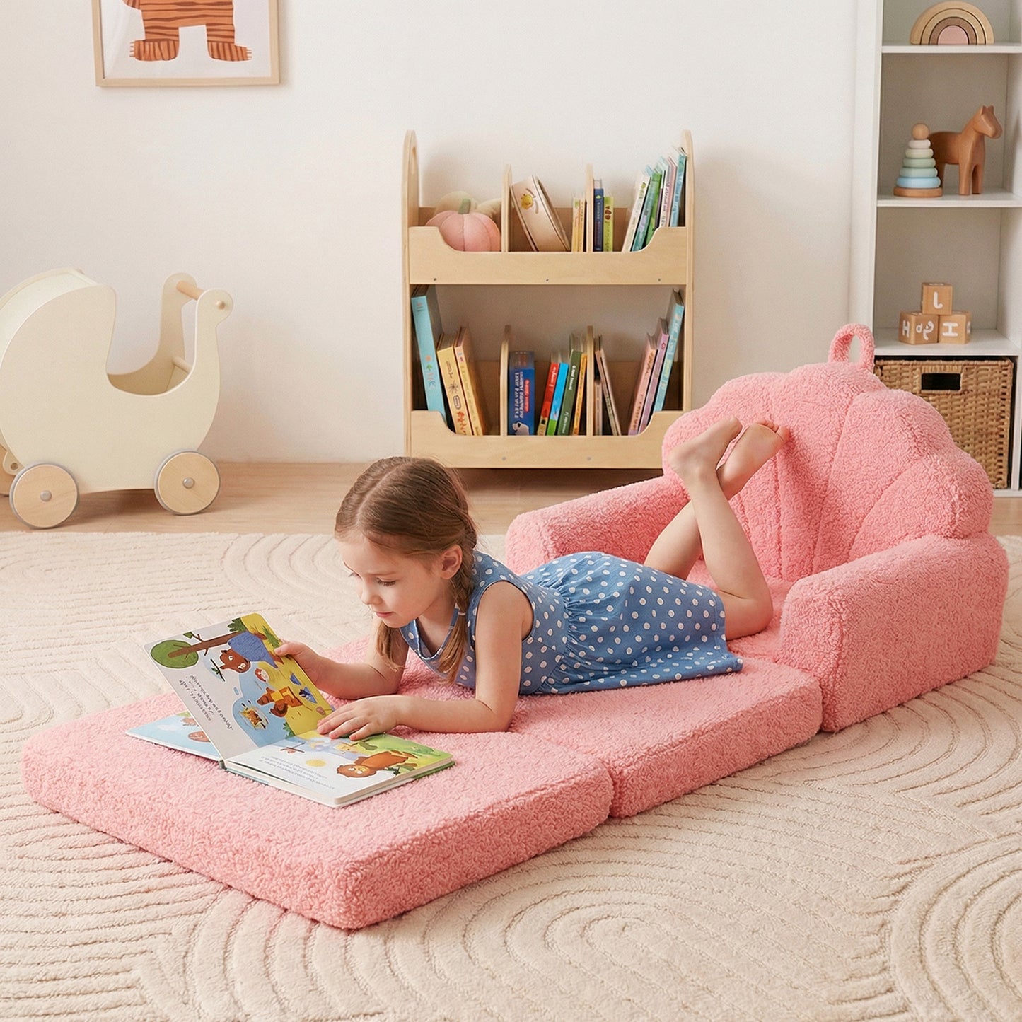 Convertible Kids Sofa 2-in-1 Fold out Toddler Couch Chair to Lounger Bed-Pink