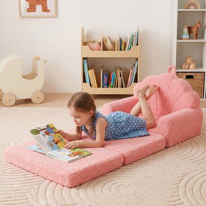 Convertible Kids Sofa 2-in-1 Fold out Toddler Couch Chair to Lounger Bed-Pink