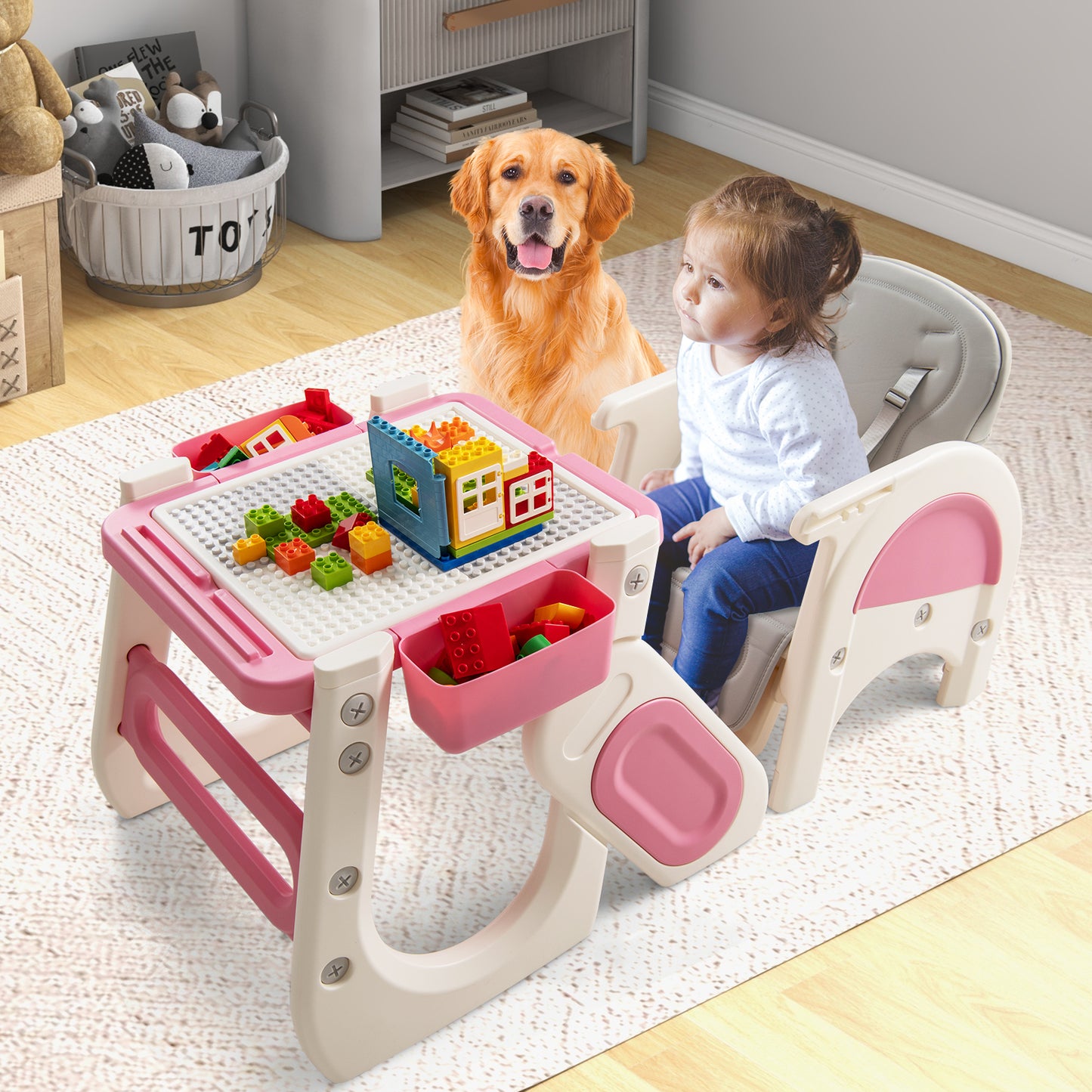 Convertible Baby High Chair with Double-layer Tray and Adjustable Backrest-Pink