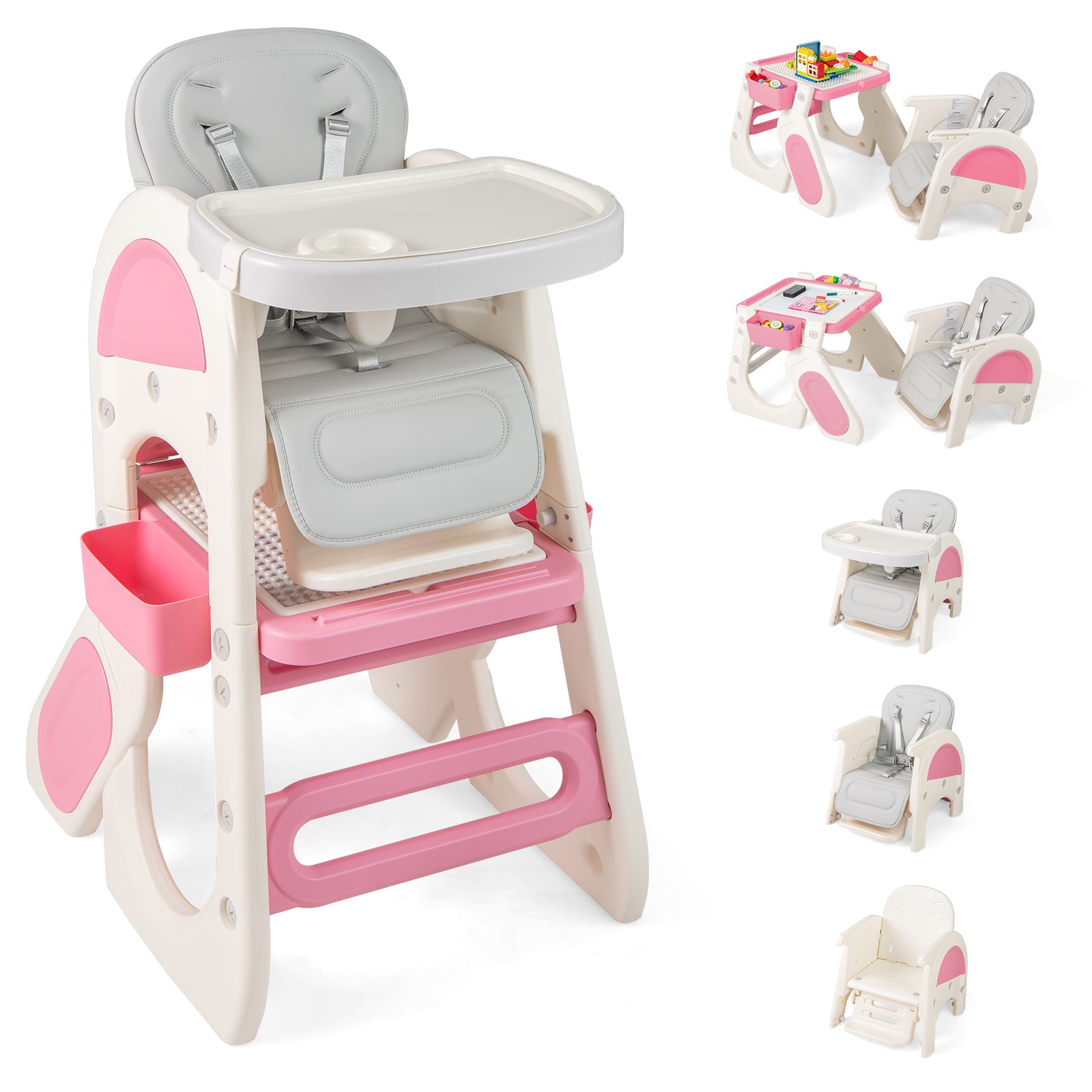 Convertible Baby High Chair with Double-layer Tray and Adjustable Backrest-Pink