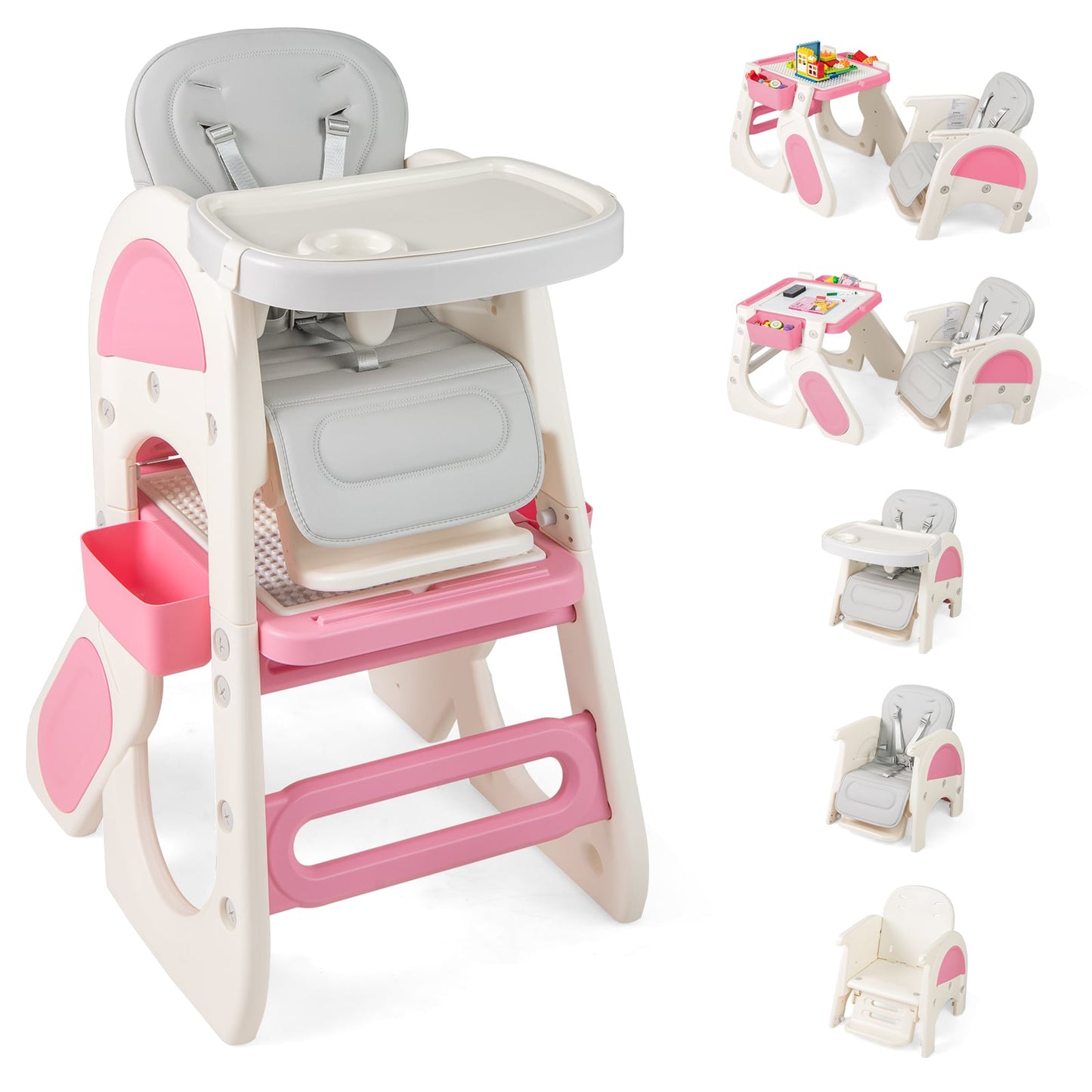Convertible Baby High Chair with Double-layer Tray and Adjustable Backrest-Pink