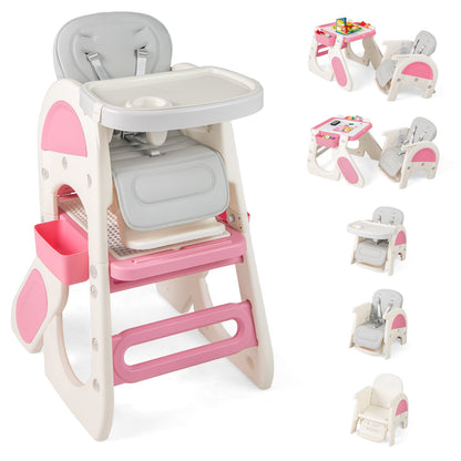 Convertible Baby High Chair with Double-layer Tray and Adjustable Backrest-Pink