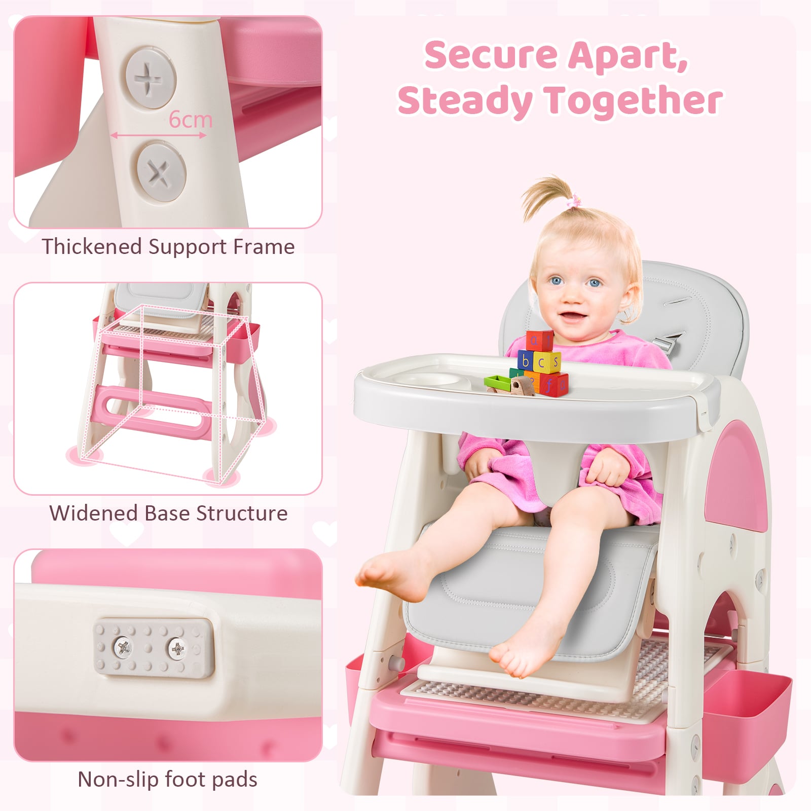 Convertible Baby High Chair with Double-layer Tray and Adjustable Backrest-Pink