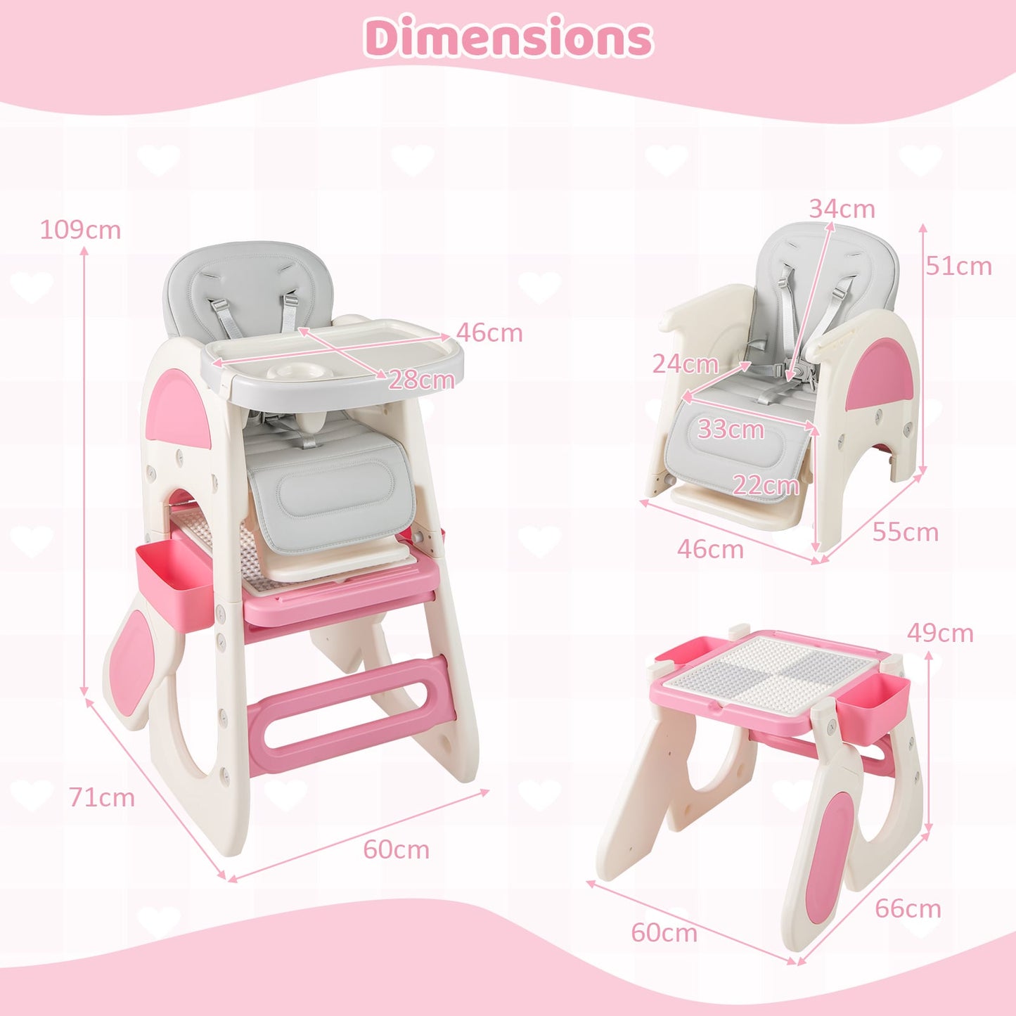 Convertible Baby High Chair with Double-layer Tray and Adjustable Backrest-Pink
