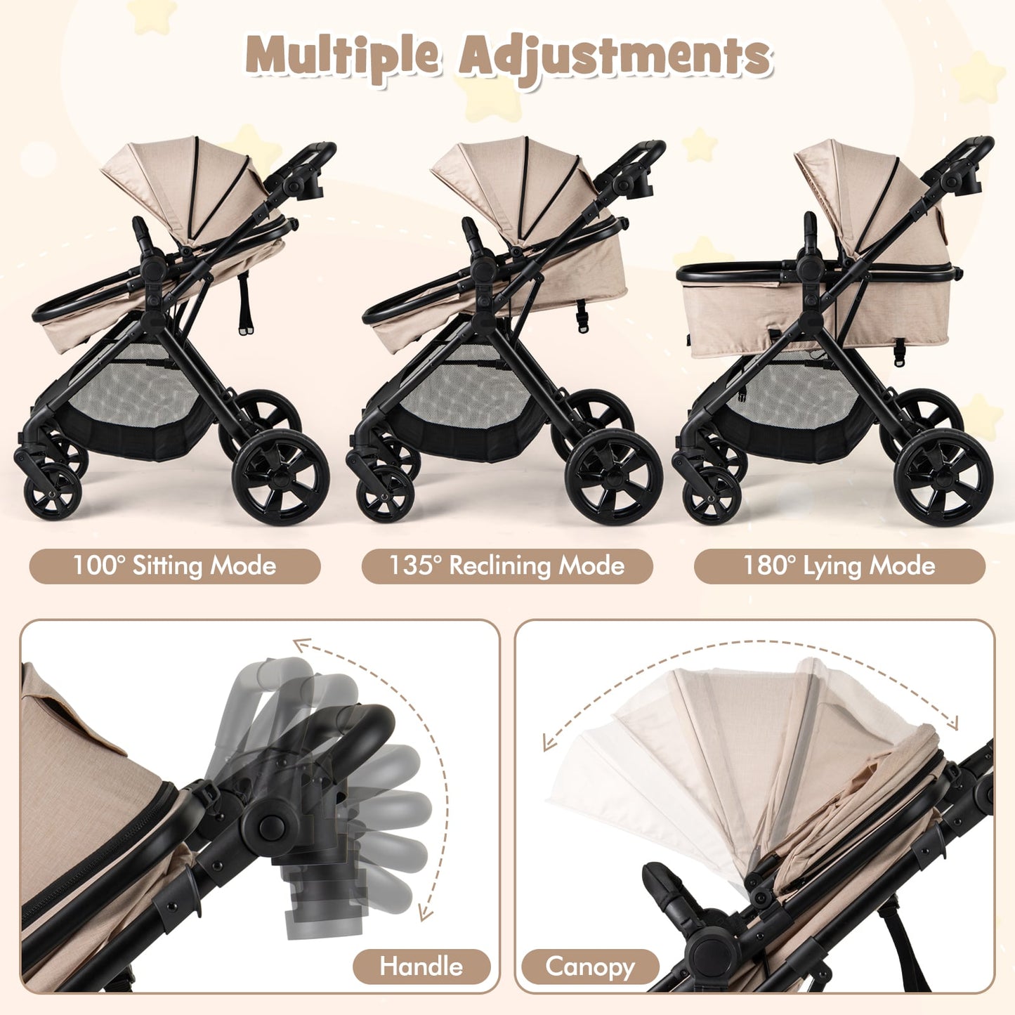 2-in-1 Convertible Baby Stroller with Reversible Seat and Adjustable Canopy-Beige