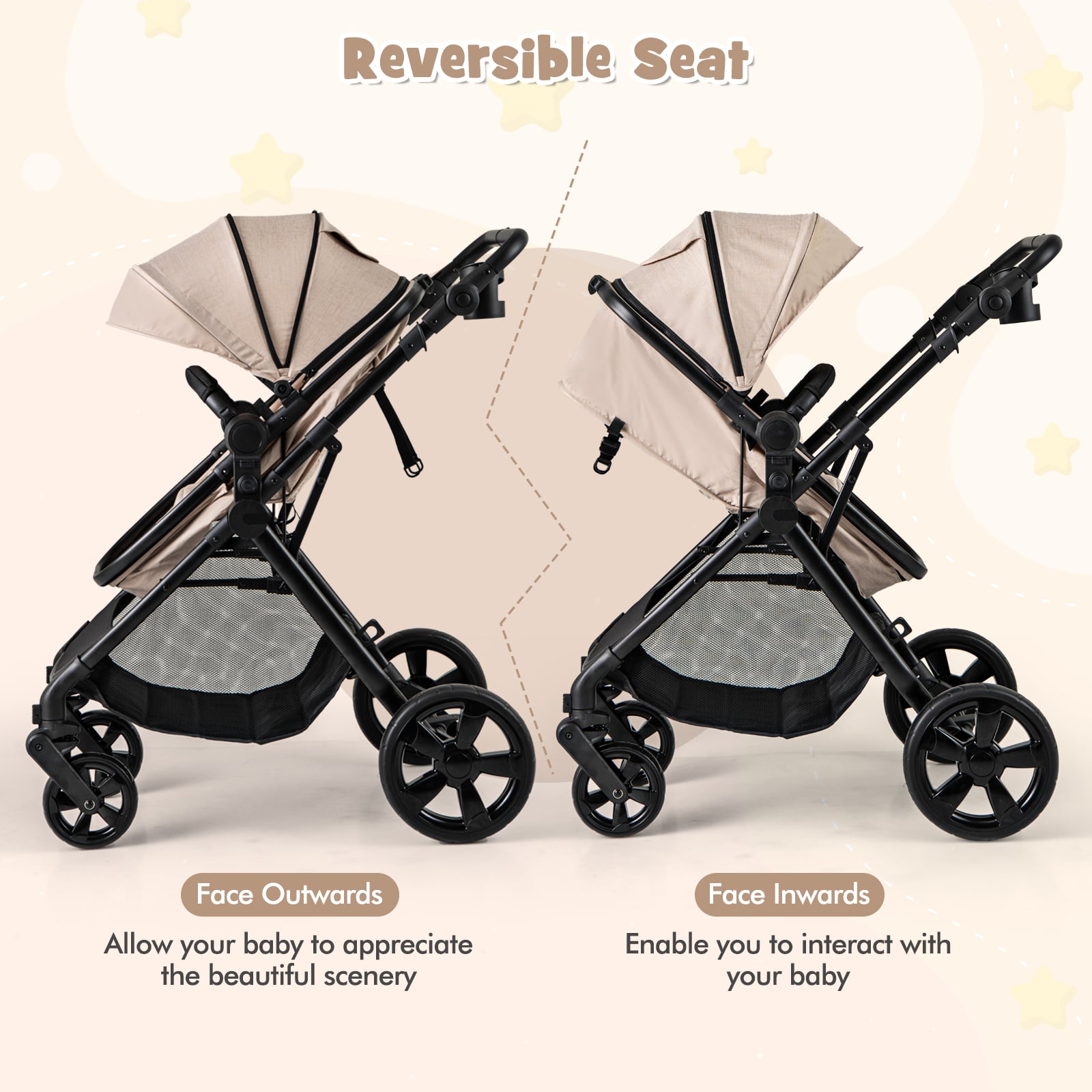 2-in-1 Convertible Baby Stroller with Reversible Seat and Adjustable Canopy-Beige