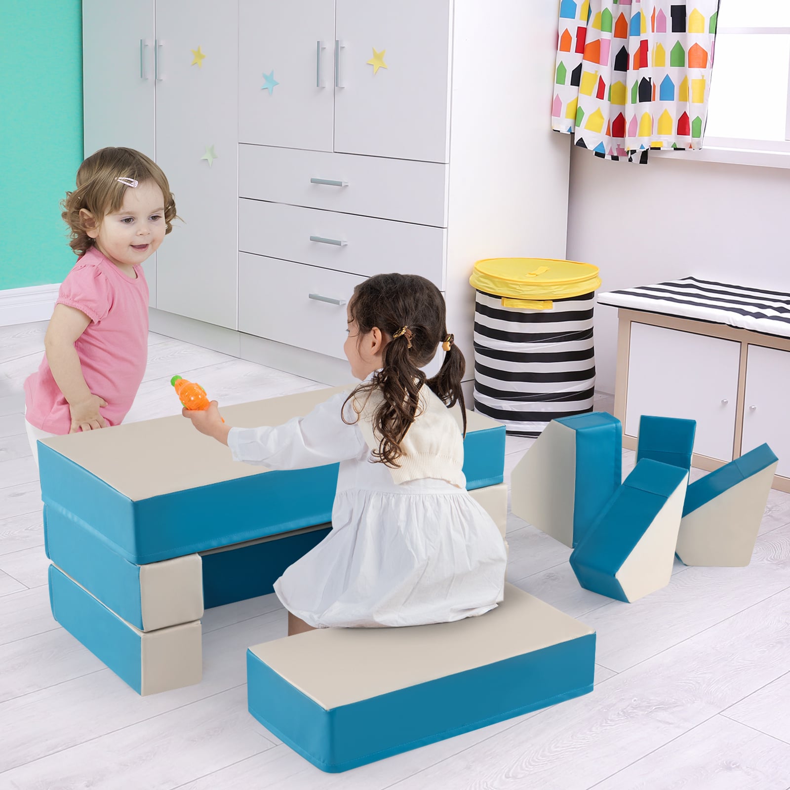 4-in-1 Convertible Foam Couch Play Set with Skin-friendly PU Leather Cover and Zippers-Blue