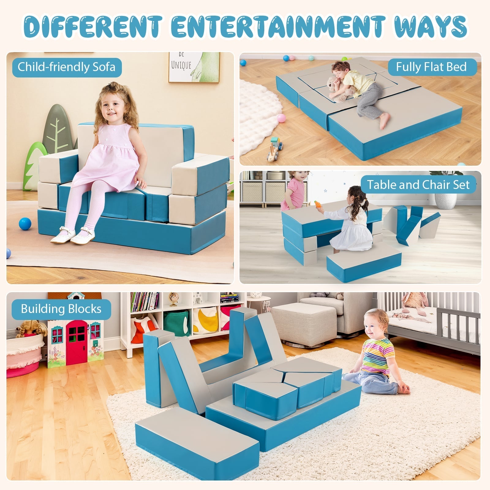 4-in-1 Convertible Foam Couch Play Set with Skin-friendly PU Leather Cover and Zippers-Blue
