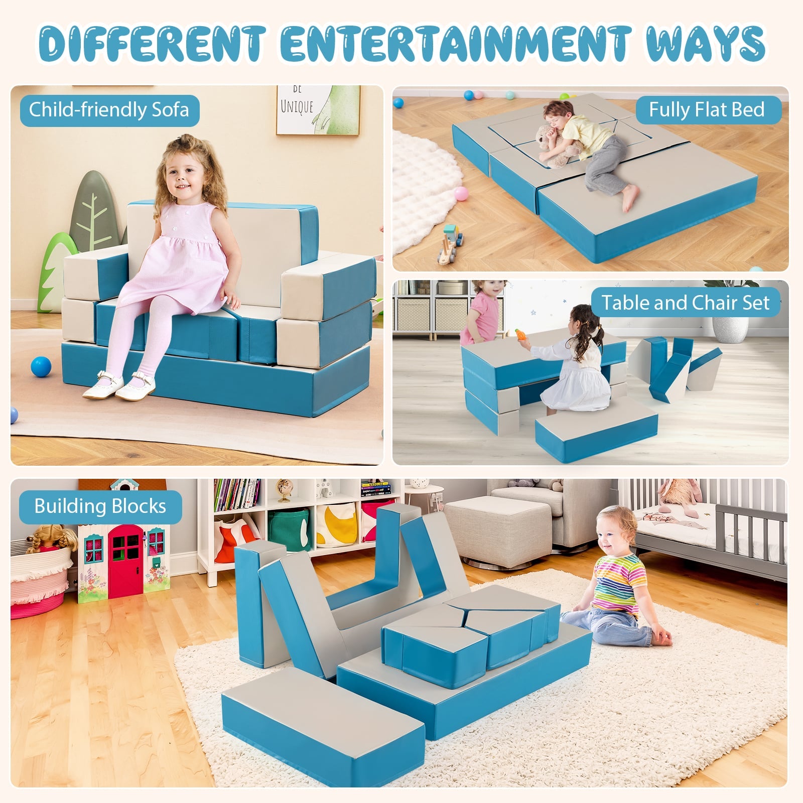 4-in-1 Convertible Foam Couch Play Set with Skin-friendly PU Leather Cover and Zippers-Blue