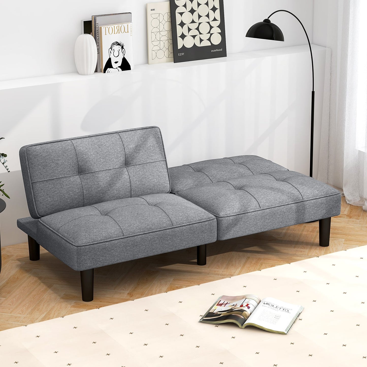 Convertible Folding Futon Sofa Bed with 6-Position Adjustable Backrest and Thick Cushion-Grey