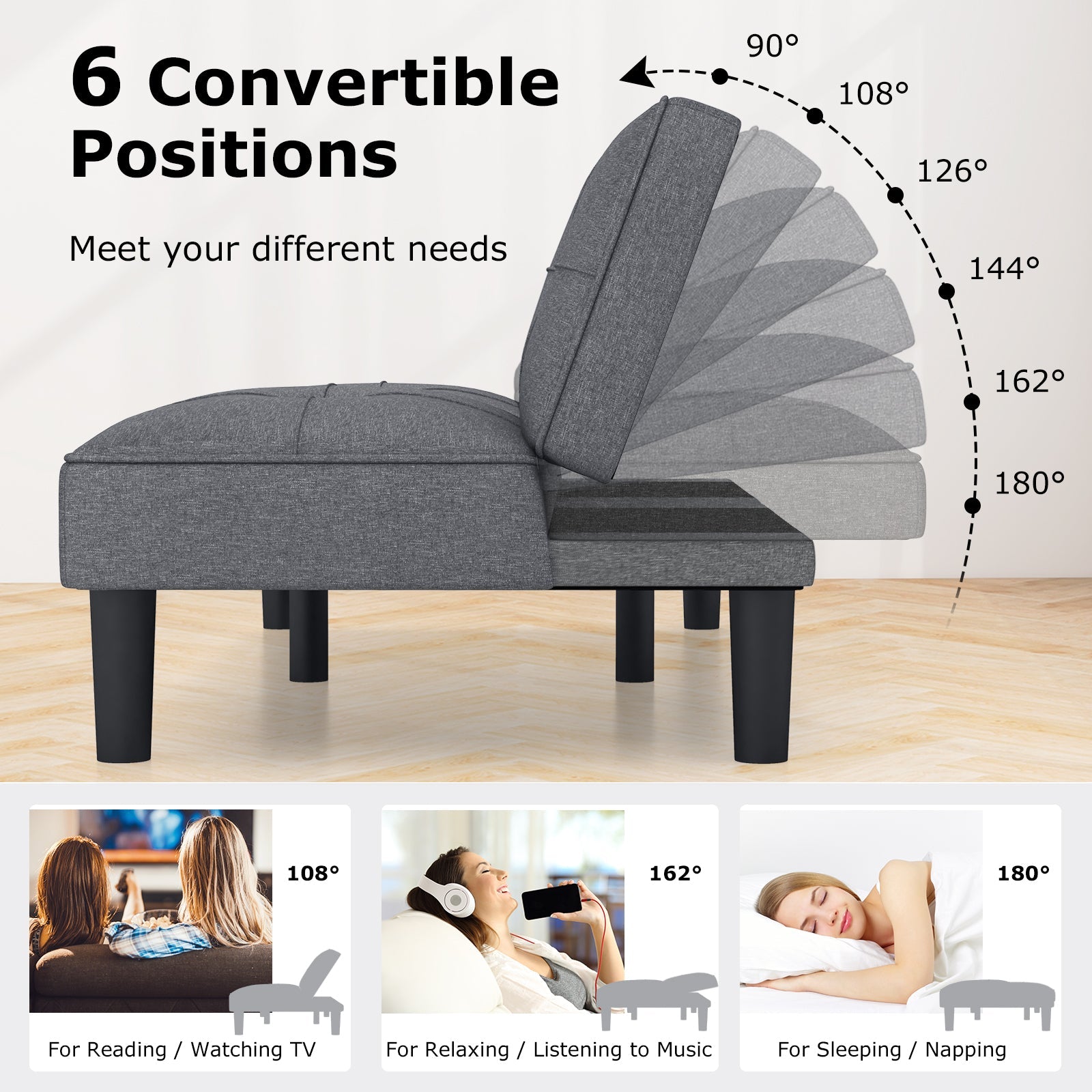 Convertible Folding Futon Sofa Bed with 6-Position Adjustable Backrest and Thick Cushion-Grey