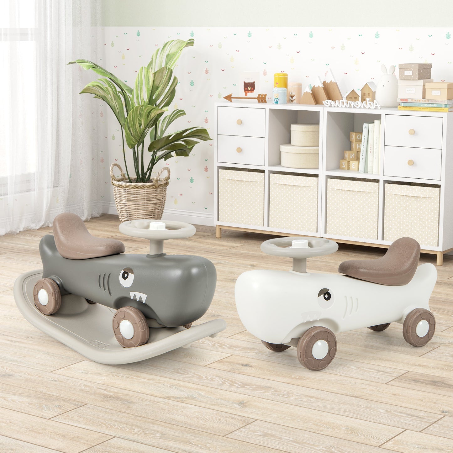 Kids 3-in-1 Convertible Rocking Horse and Sliding Car for Indoor Outdoor Use-White
