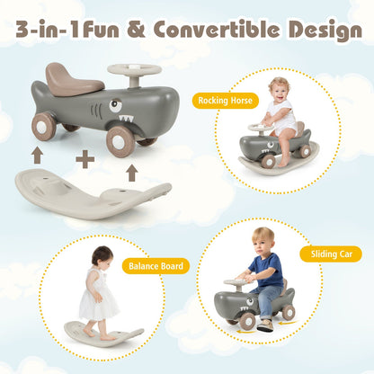 Kids 3-in-1 Convertible Rocking Horse and Sliding Car for Indoor Outdoor Use-Grey
