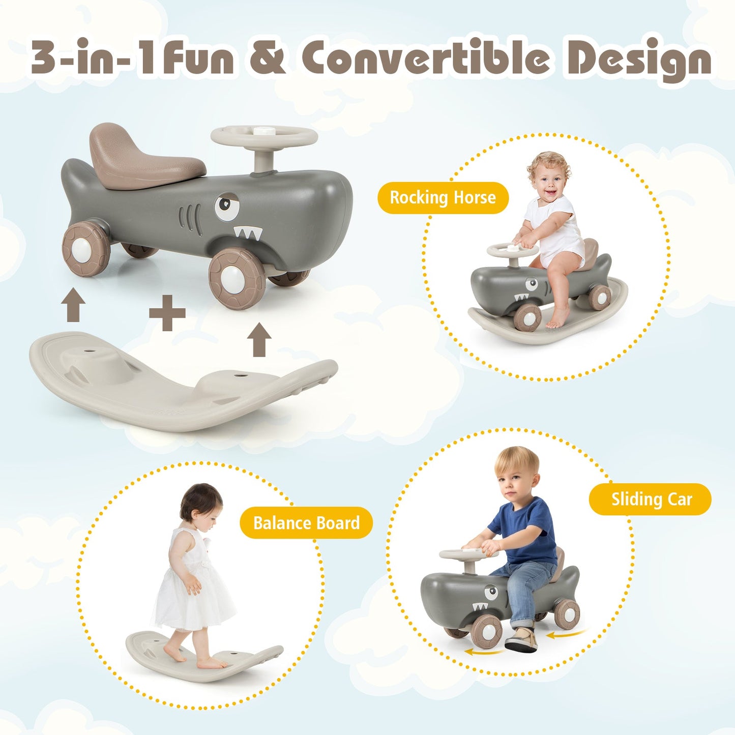 Kids 3-in-1 Convertible Rocking Horse and Sliding Car for Indoor Outdoor Use-Grey