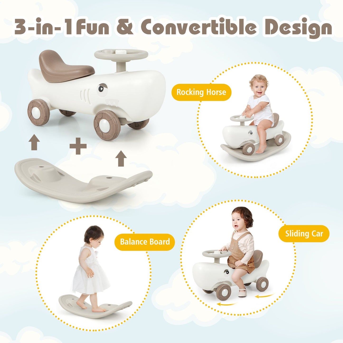 Kids 3-in-1 Convertible Rocking Horse and Sliding Car for Indoor Outdoor Use-White