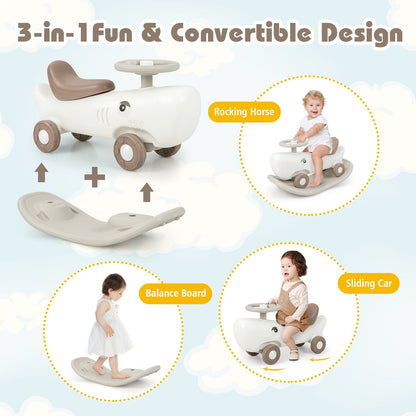 Kids 3-in-1 Convertible Rocking Horse and Sliding Car for Indoor Outdoor Use-White