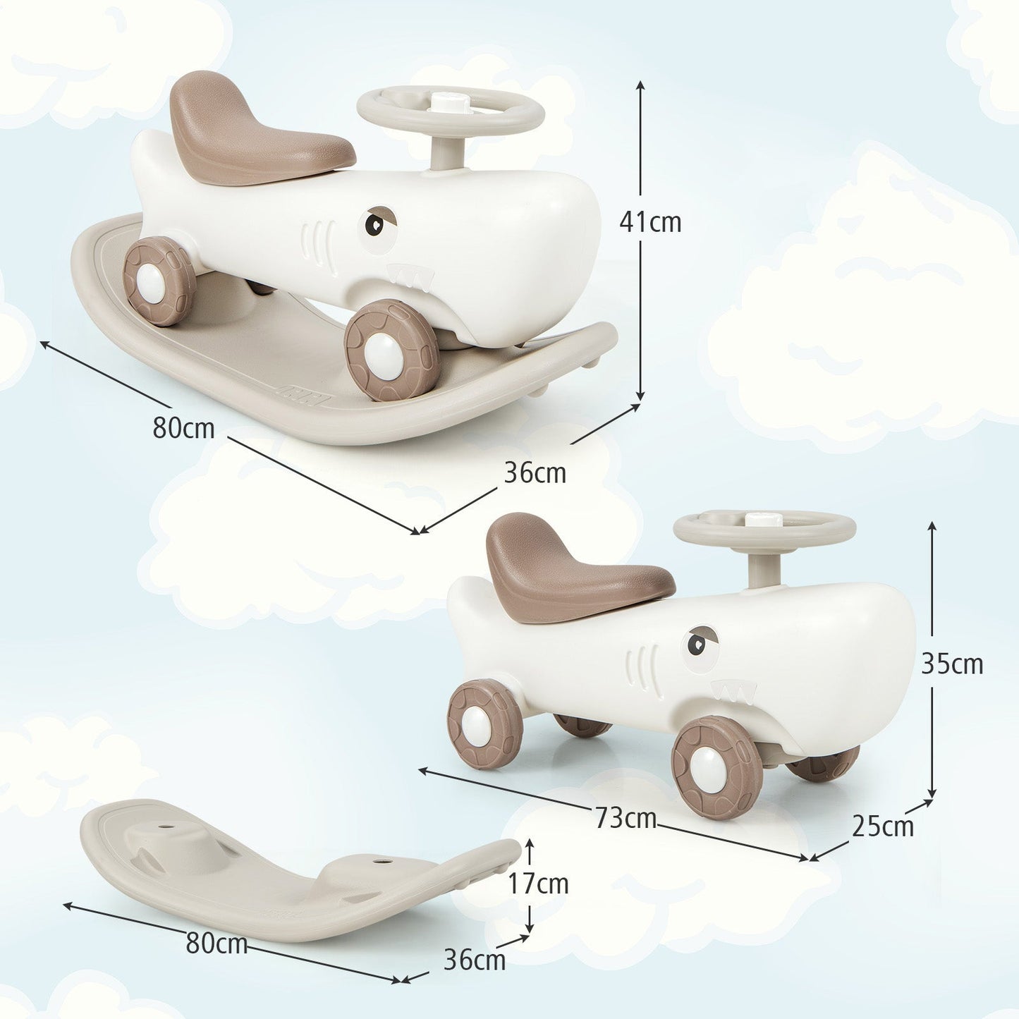 Kids 3-in-1 Convertible Rocking Horse and Sliding Car for Indoor Outdoor Use-White