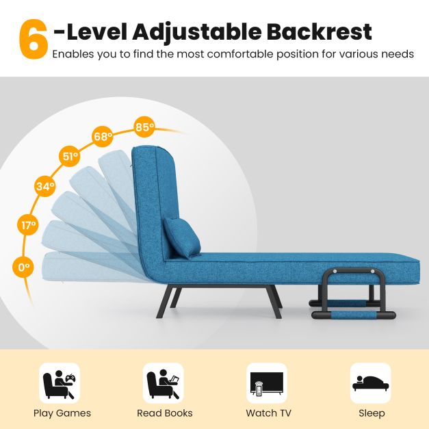 Folding 6 Position Convertible Sleeper Bed Armchair Lounge Couch with Pillow-Blue
